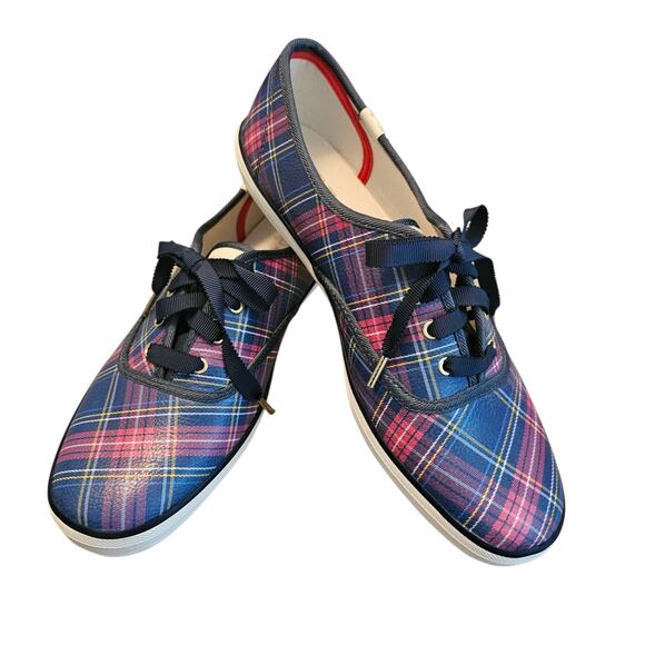 Talbots Exclusive Keds Champion Plaid Sneakers Navy Pink Leather Size 9 Leather - Picture 1 of 5